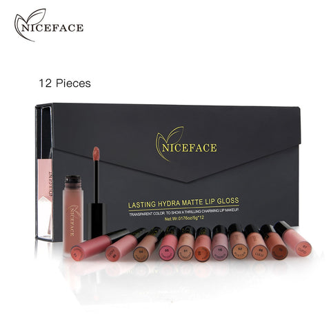 NICEFACE 12Pc Set Matte Long-Lasting Lipstick 12 Colors Lip Gloss Waterproof