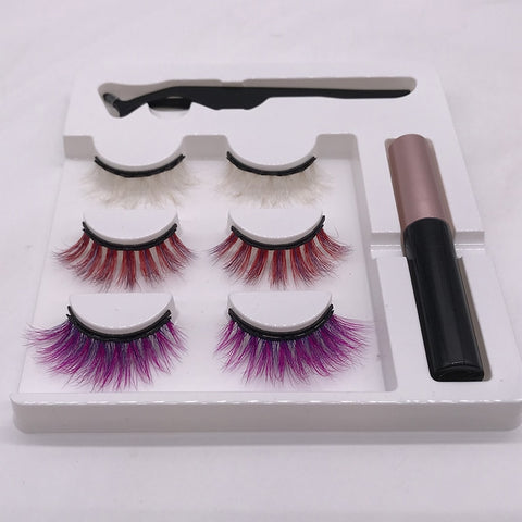 3 Pairs 3D Luxurious Mink Color Magnetic Fake Eyelash Set Multi-color Optional Waterproof